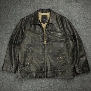 Vintage Gap Bomber Leather Jacket Mens 2XL Sherpa Lined Distressed Aviator Y2K